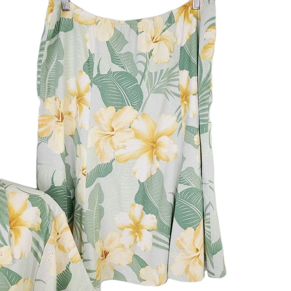 Hilo Hattie Top Skirt Set XL Green Yellow Floral Hawaiian Tropical Button-Front